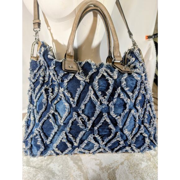 MMS Distressed Denim Patchwork Tote Bag with Removable Strap - Picture 3 of 8